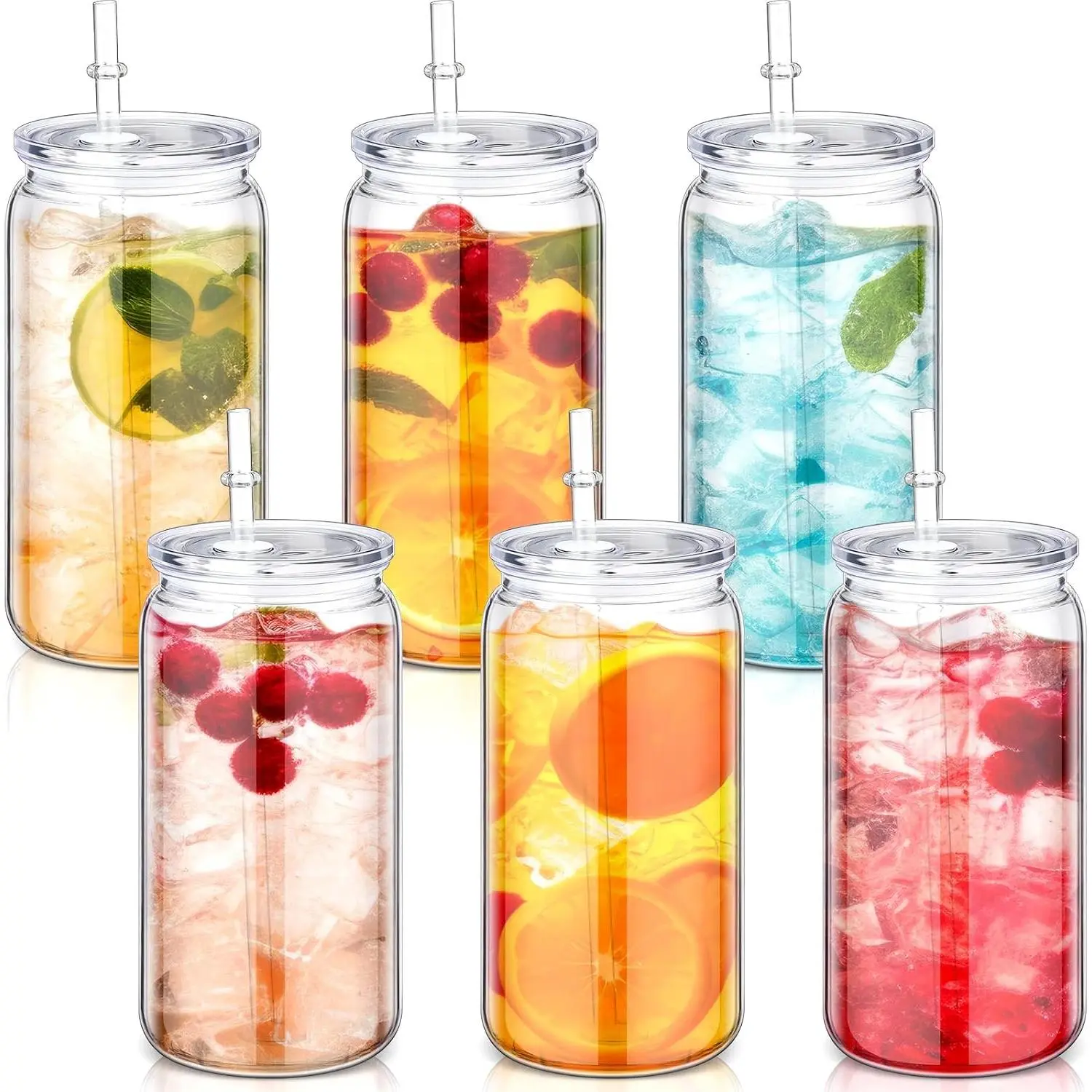 6 Pack 16 oz Plastic Cups Mason Jar Coffee Cup with Lid Clear Tumblers with Lid and Straw Round Bottom Plastic Cups for Iced Coffee Juice  Milk Beverage Party (Clear)