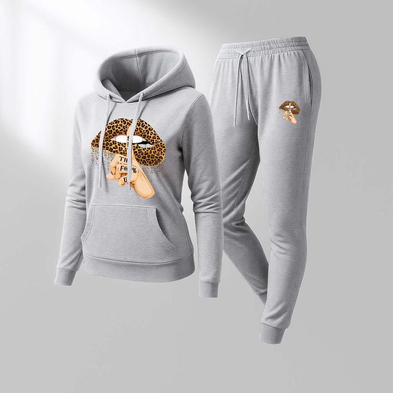 Women's Leopard Print Sexy Lips Print Hoodie And Drawstring Track Pants Set, Casual Sportswear, Long-Sleeved Hooded Jacket And Pants, Suitable For Autumn And Winter, Everyday Wear, Indoor And Outdoor Sportswear, Casual Sportswear.