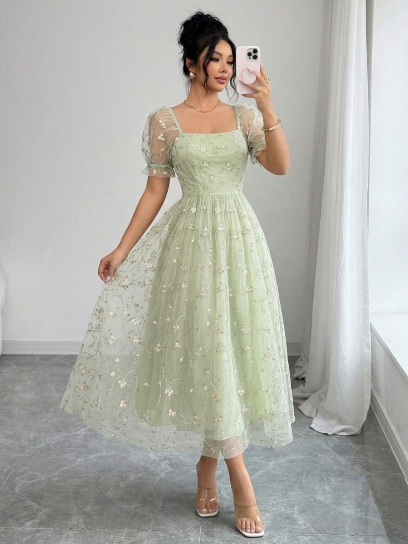 Elegant Short Sleeve Long Dress, Womenswear Mesh Embroidered Country Style Casual, Elegance, Vacation Wear, 8030 Model, Perfect for Relaxing Days