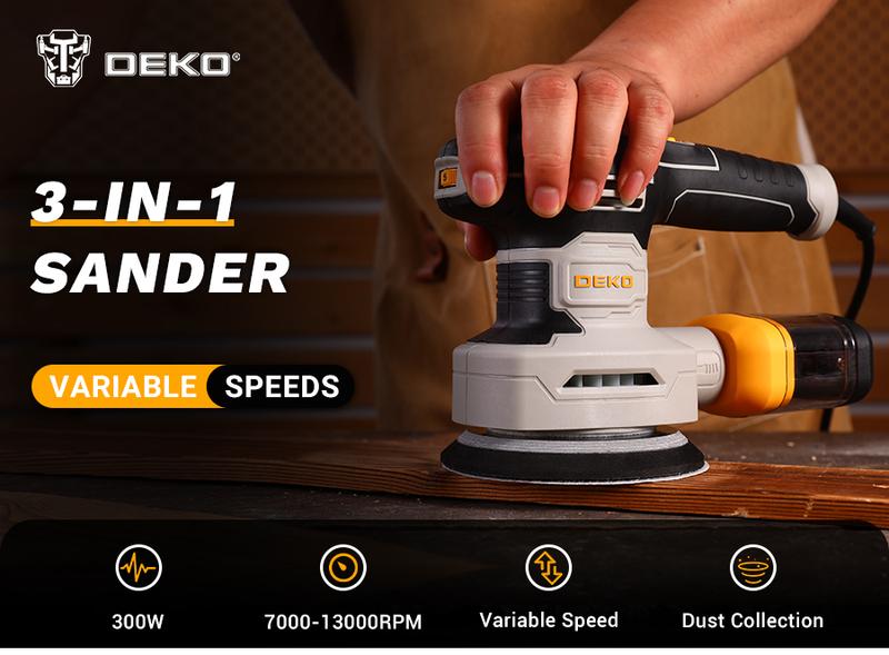 DEKO 300W 3-in-1 Orbital Sander, 6 Adjustable Speeds (7000-13000 RPM), with Dust Collection Box, 3 Hook and Loop Pads, and 15 Sandpapers, Quick Sandpaper Replacement, Electric Sanding Tool for Woodworking, Home Improvement, and DIY Projects.
