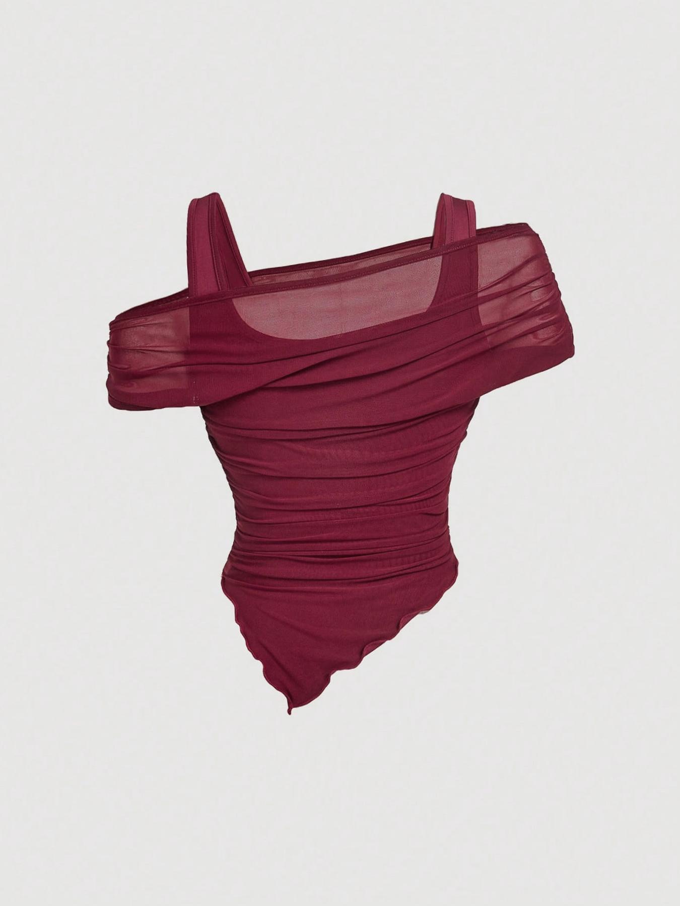 1 Spring Summer Off Shoulder Mesh Crop Top Women | Burgundy Sleeveless Ruched Asymmetric Top with Lining | Y2K Baddie Coquette Style for Date Night Club Party Wear