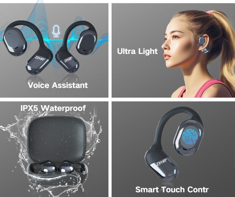 ZIHNIC S05 Open-Ear Headphone Bluetooth V5.4 IPX5 Waterproof Wireless Earphones for Gaming, Travel, and Sports with Built-in Mic - Black cool  head  phones