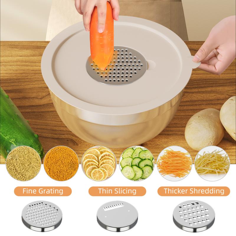 6 Piece Mixing Bowls with Lids Set, Stainless Steel Nesting Storage Bowls for Kitchen, with 3 Grater Attachments & Non-Slip Bottoms, Size 5.5,3.5,2.5,2.1,1.5,1.1 QT  Home Tableware