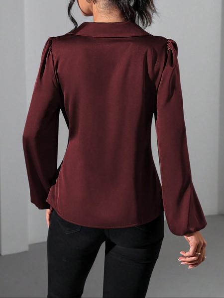 Women's Solid Color Satin Long Sleeve Shirt Blouse with Side Tie and Bubble Sleeves, Stylish and Versatile Top for All Occasions