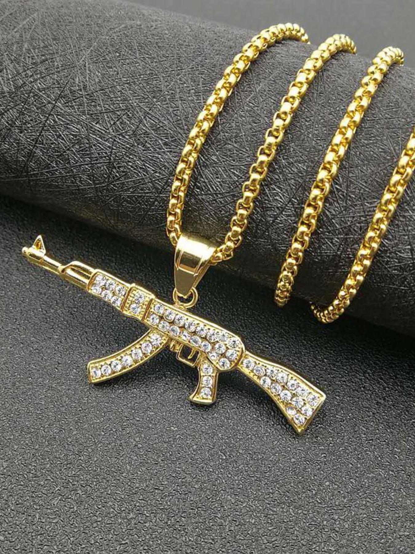 Trendy Hip Hop Jewelry, Titanium Steel Gold Plated Rhinestone Ak47 Pendant Necklace, Stylish Accessory for Men and Women