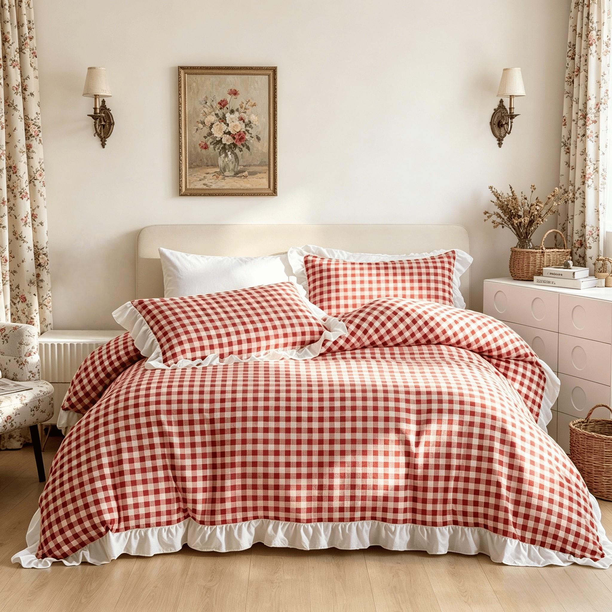 3Pcs Pink Orange Plaid Bedding Set with Ruffle Design, 1 Duvet Cover + 2 Pillowcases, No Filler, Soft Comfortable Fabric for Bedroom Decor