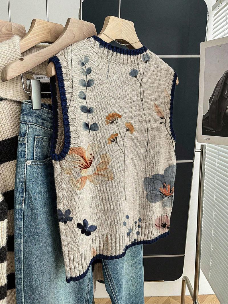 Elegant Floral Pattern Sleeveless Knit Top for Women, Casual and Loose Fit Round Neck Pullover for Spring and Autumn, Ideal for Outings