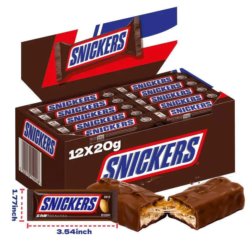 Snickers Mini Energy Bars, 12-pack, 20 grams/0.69 ounces each, quickly replenish energy, perfect for hiking, climbing, and camping. Peanut-filled energy chocolate bars, individually packaged, ideal for Valentine's Day, Christmas, Halloween Snack Bonbon