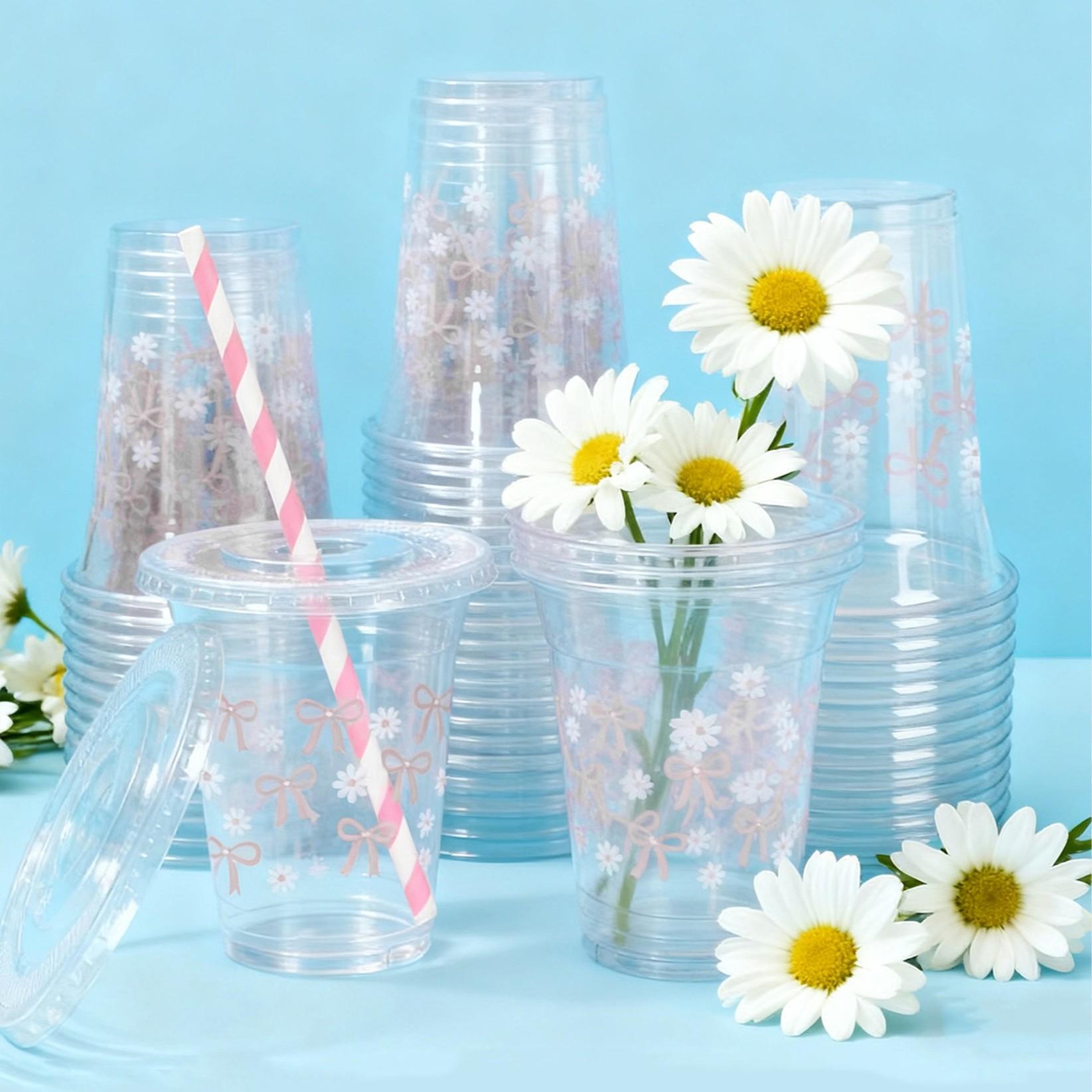 Cute Bowknot Daisy Party Cups, Straws & Lids, Disposable Tableware for Women Events, Wedding, New Year, Christmas