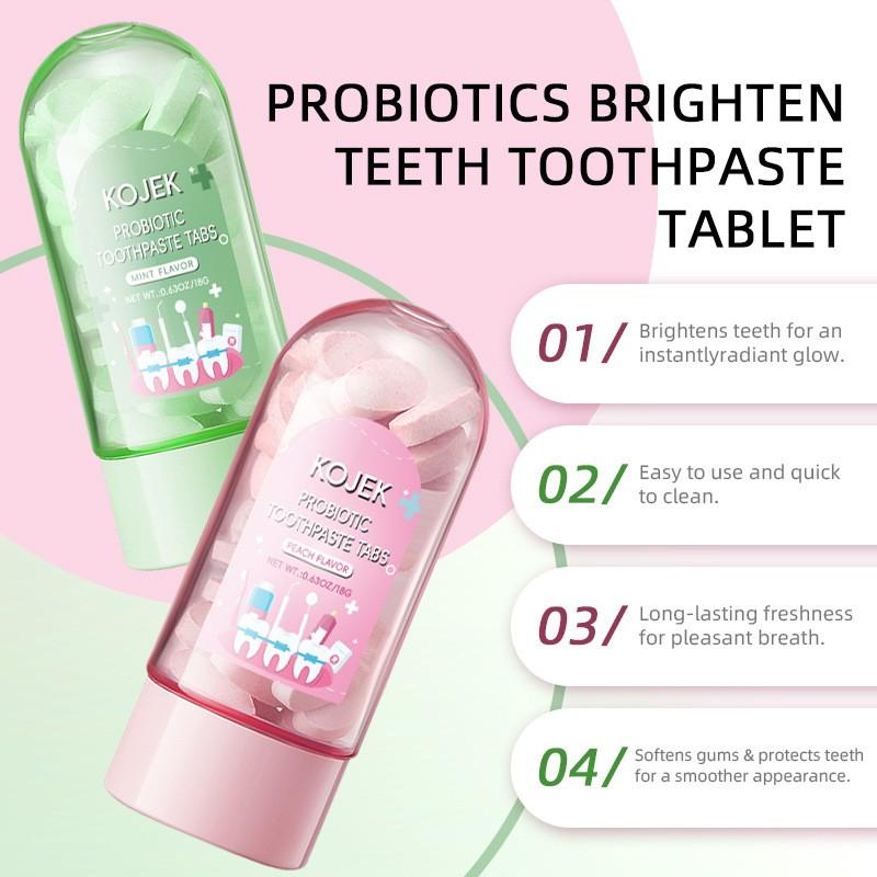 Probiotic Solid Toothpaste Tablets, Toothpaste Without Fluoride, Gentle Effective Toothpaste, Oral Care, Peach Mint Flavor, 30 Count, Eco-Friendly, Long-Lasting Fresh Breath, Whitening Teeth, Suitable for Sensitive Gums