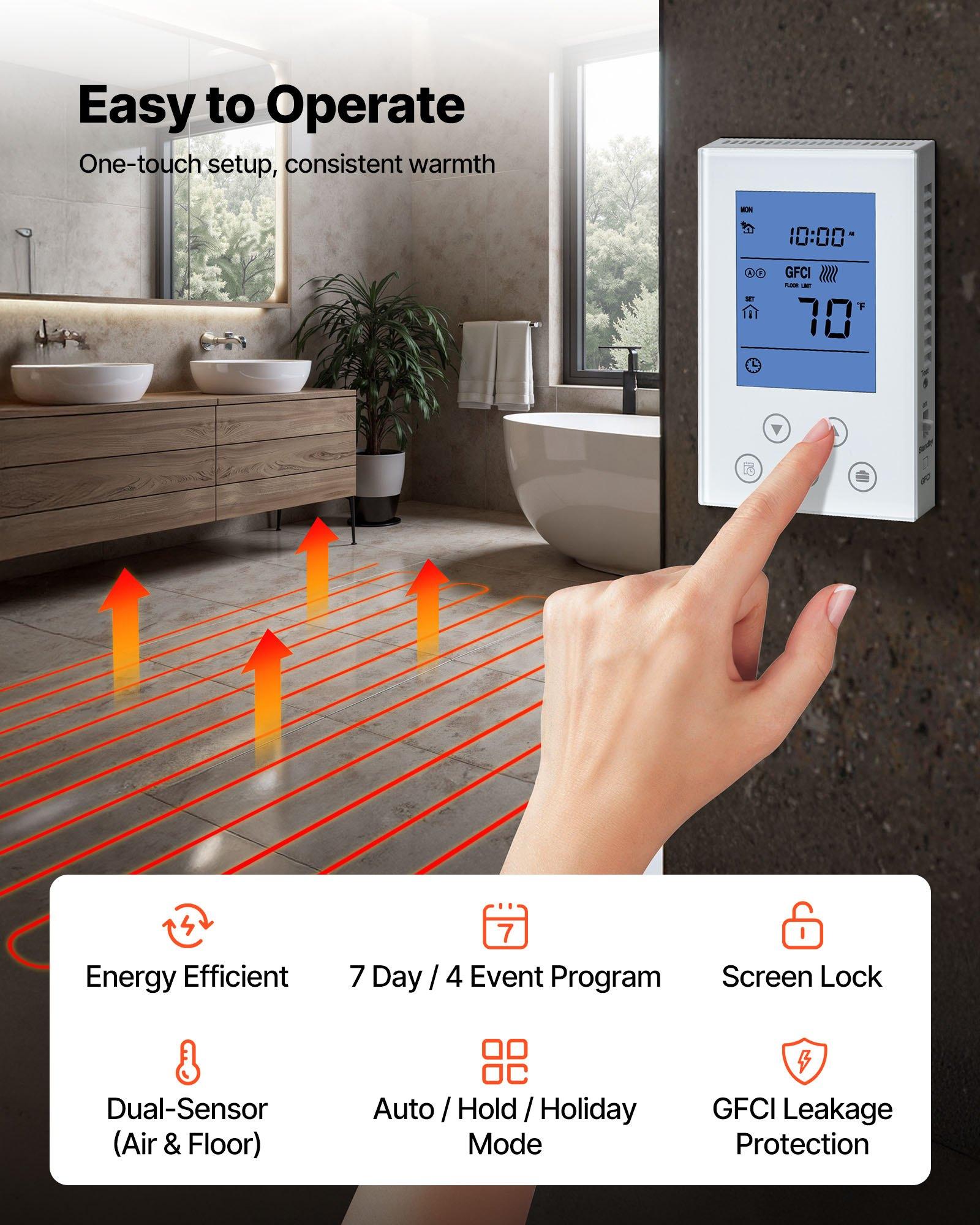 VEVOR 60 sqft Floor Heating Mat System, 120V Electric Radiant Heated Floor System, with Decoupling Membrane Smart Control Thermostat Alarm, Easy Installation for Tile, Stone, Vinyl