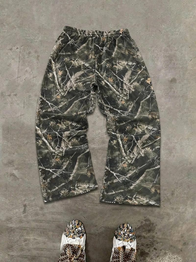 Men's Casual Camo Pants, Loose Fit Outdoor Pants with Adjustable Drawstring Waist, Letter Star Print, Practical Side Pockets, Camouflage Pants