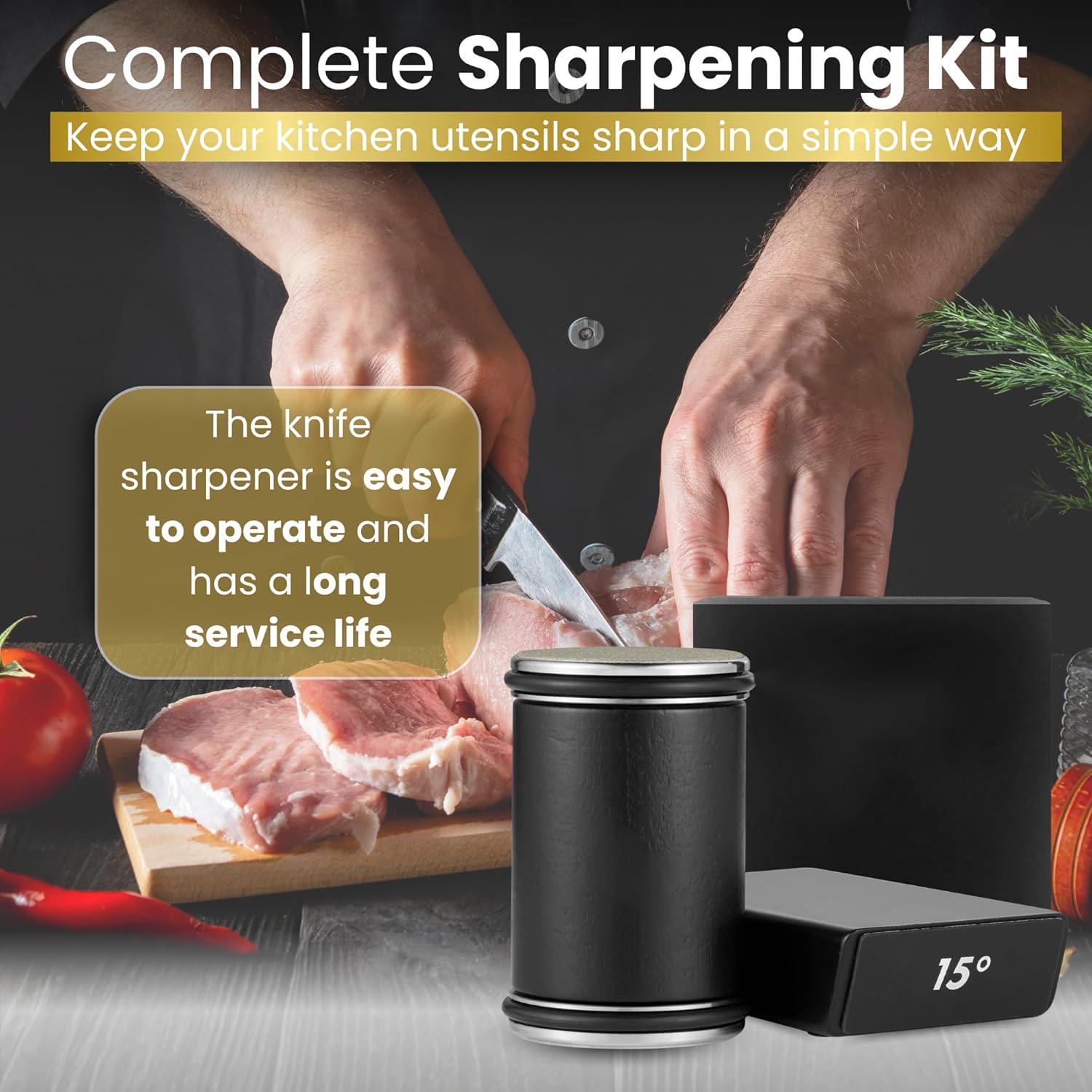 Rolling Knife Sharpener Kit, Chef Knife Sharpener Tool for Kitchen Knives, Roller Knife Sharpening System with 15 & 20 Degree Magnetic Angle, Wooden Roller with Diamond Discs