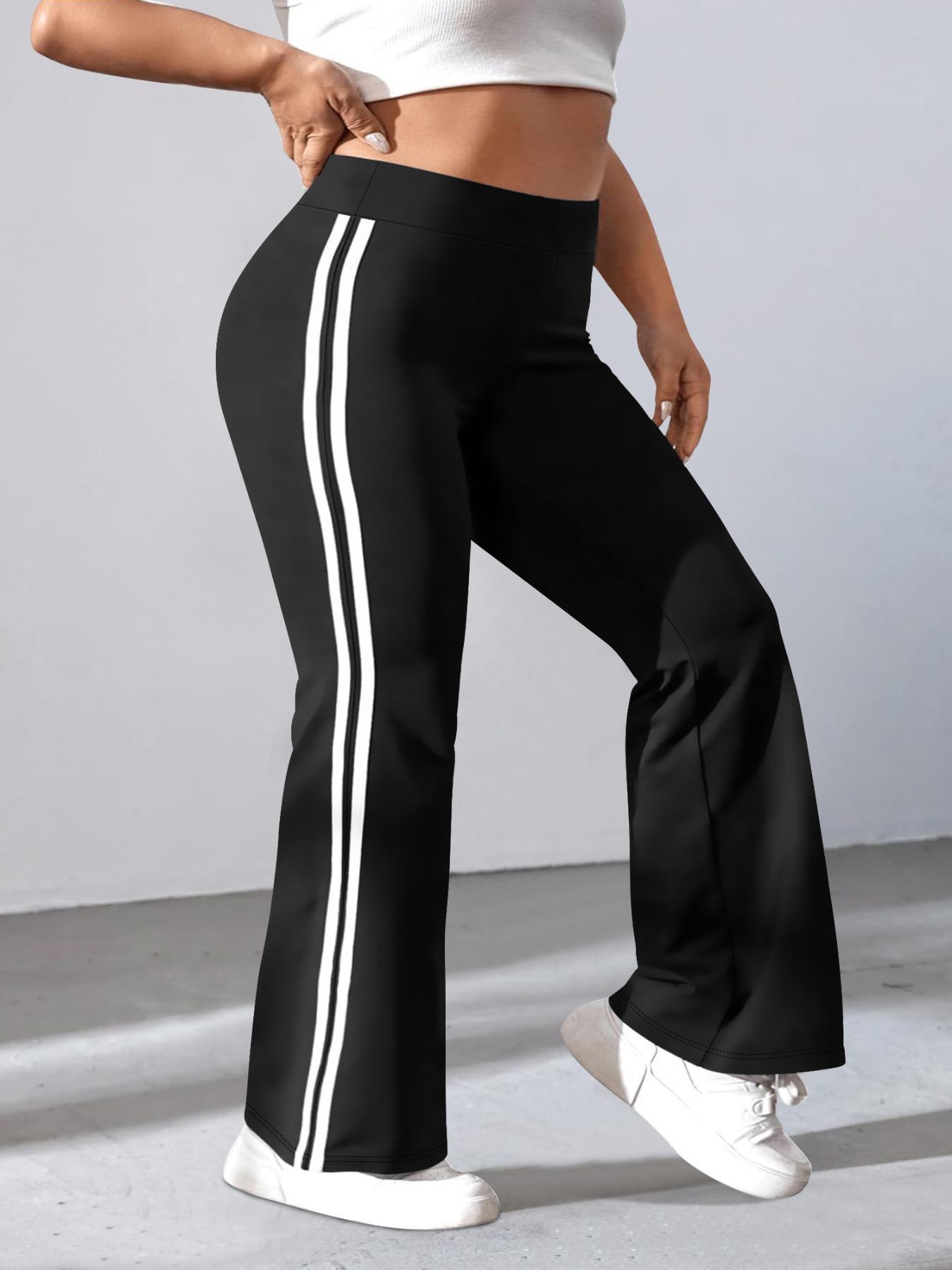 【Plus Size】 Side Stripe Design Flare Leg Leggings, Casual Comfy High Waist Bell Bottom Trousers for Daily Wear, High Waisted Leggings, Women's Bottoms for All Seasons