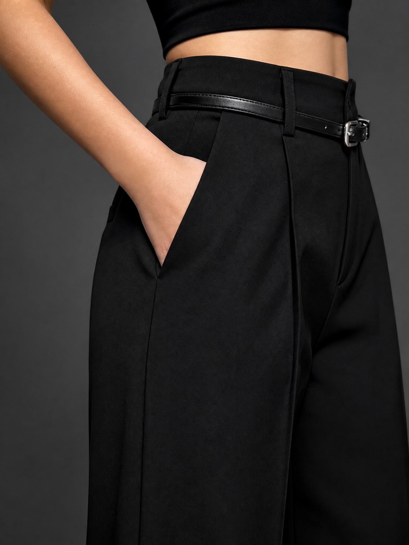 New Women's High-Waisted Wide-Leg Suit Pants, Button Pleated Design with Belt, Casual Elegant Comfortable Style for Daily Commute