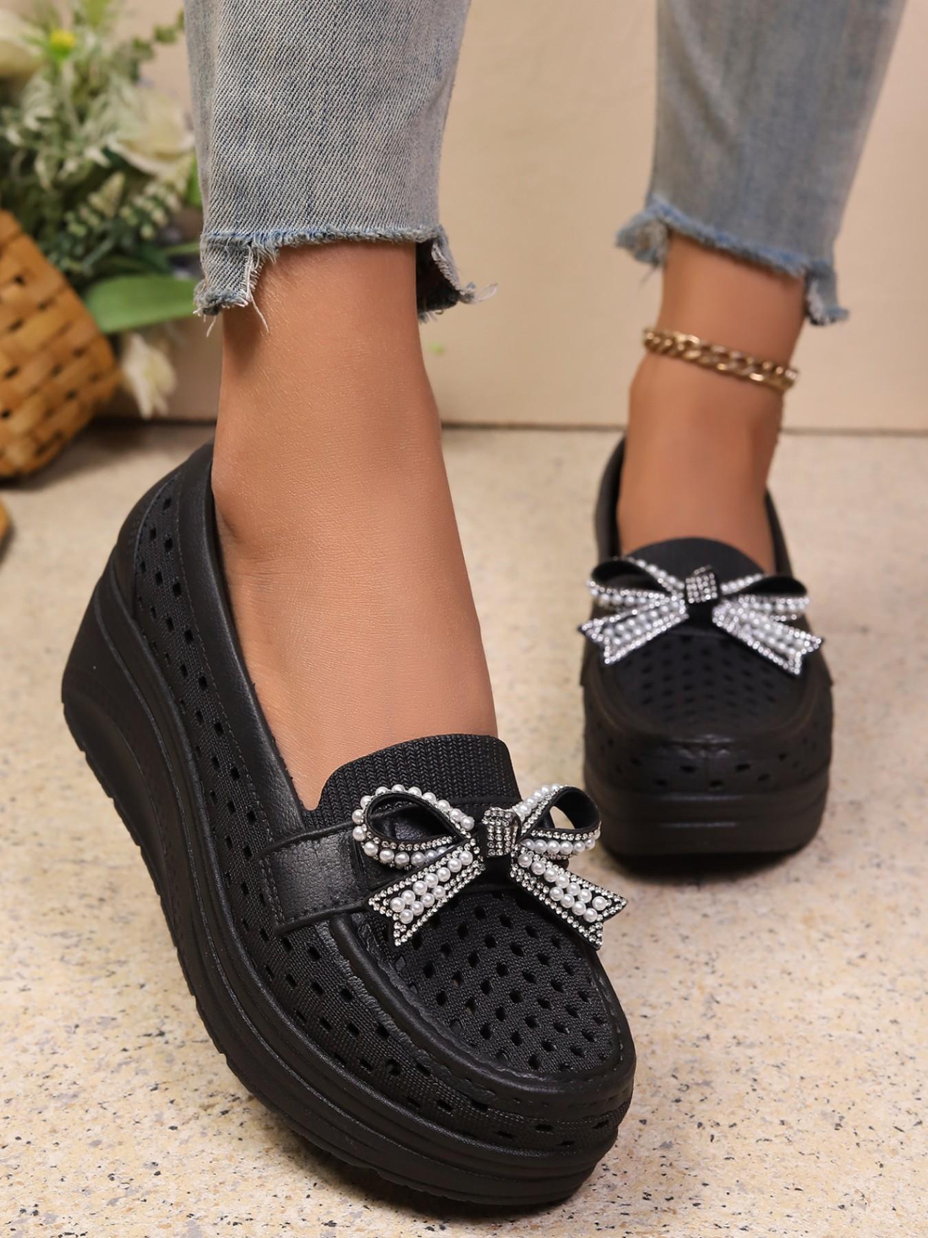 Summer New Metal Buckle, Bowknot, Pearl Decorative Hollow Out Breathable Platform Shoes, Thick Sole Heeled Loafers, Slip-On Lazy Shoes