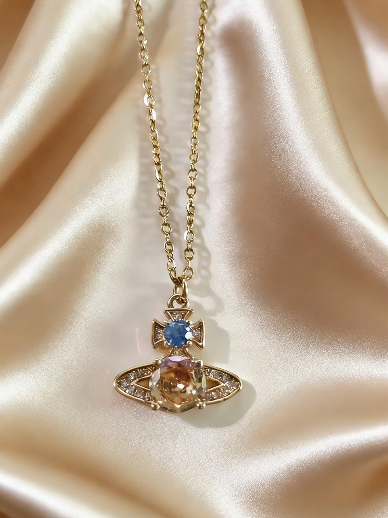 Elegant Two-Tone Diamond Saturn Necklace Set, Sparkling Lightweight Design for Dates & Daily Wear, Perfect Gift Idea