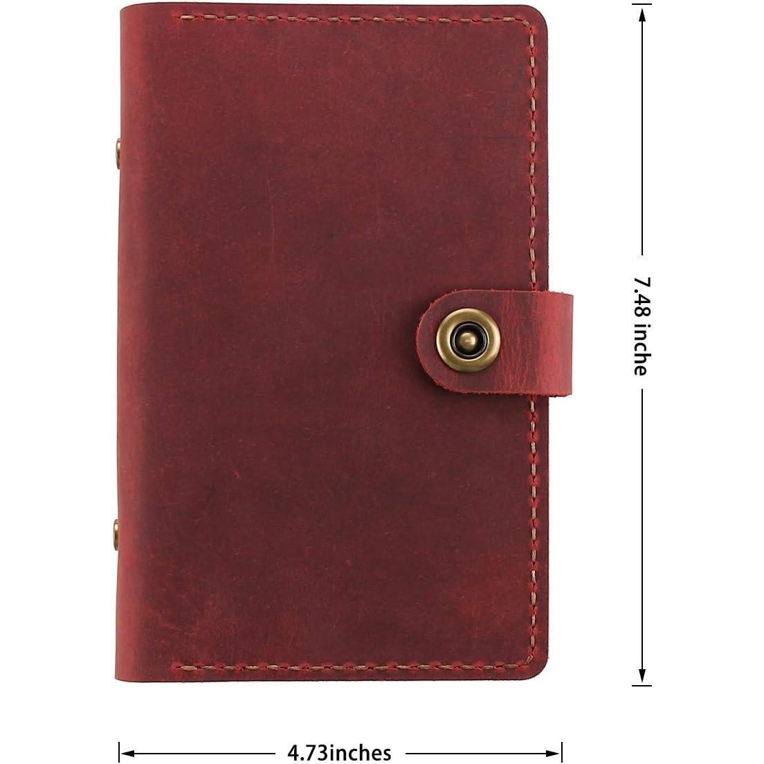 Leather Writing Journal Notebook Refillable, A6 Personal Size Traveler's Notebook with Pockets, 6 Ring Binder Planner Notebook with Pen Holder-