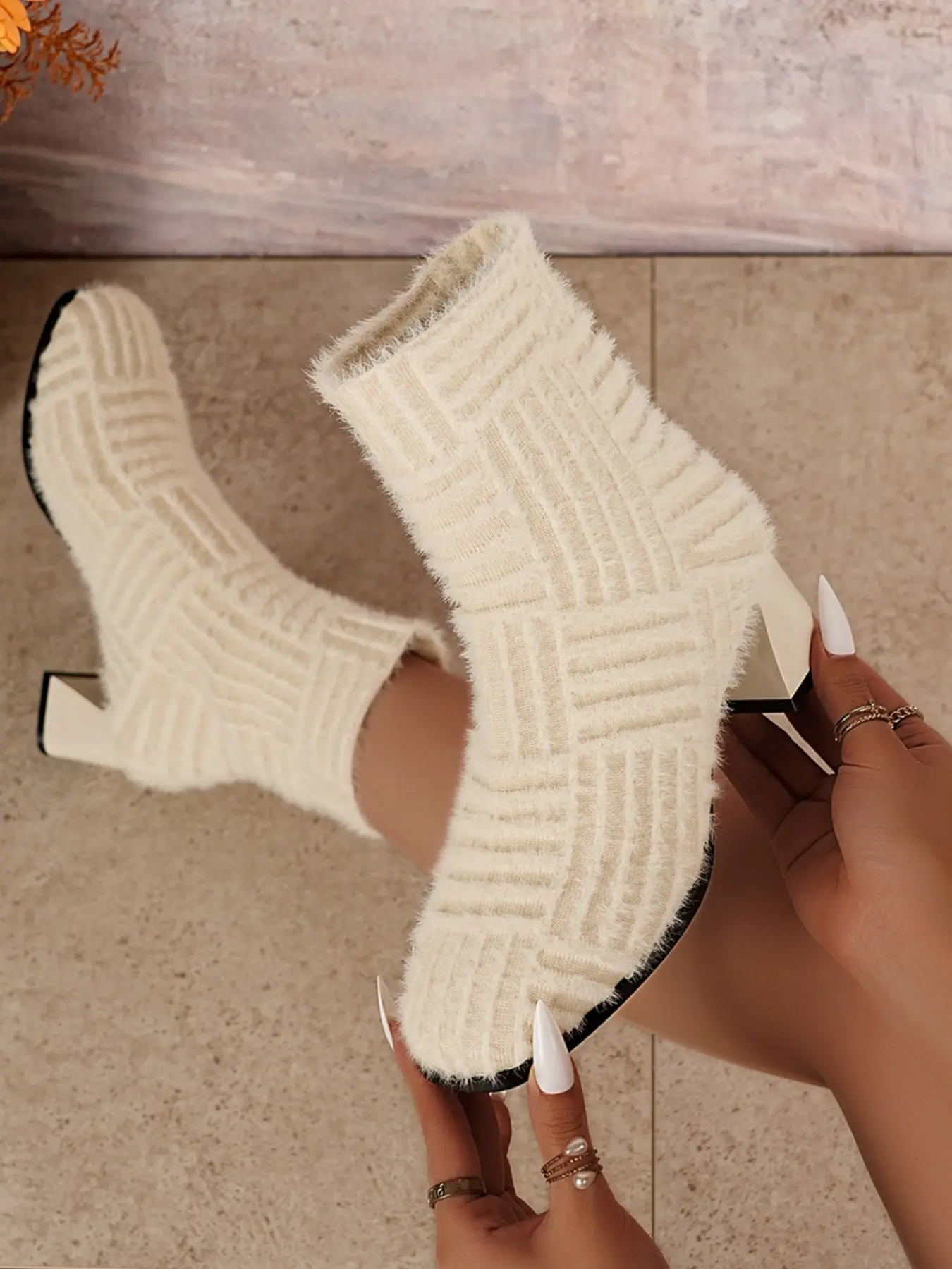 Women's Plush Knit Stretch Sock Boots, Retro Square Toe Thick Heel Short Booties, Slimming Ankle Boots for Fall Winter Party, Fashion Booties
