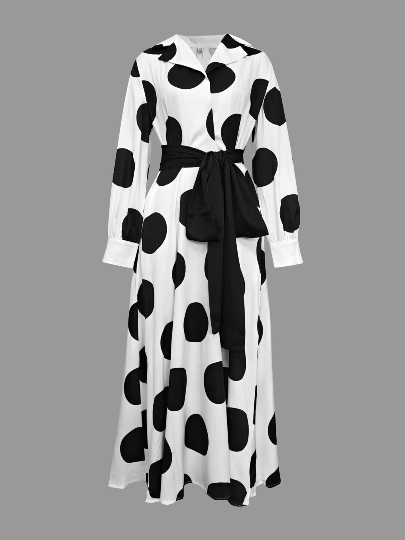 Women's A-Line Long Sleeve Polka Dot Belted Maxi Dress, Casual Summer Fashion, Elegant Pocket Design, Perfect for Parties & Daily Wear