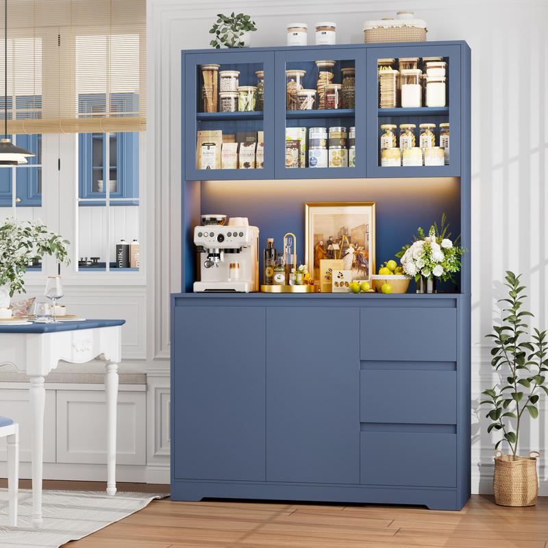 FOTOSOK 71" Modern Black Kitchen Pantry Cabinet with 6 Doors, 3 Drawers, LED Lights, Power Outlets, USB Ports, 39.4" Wx 15.2" Dx 70.9" H