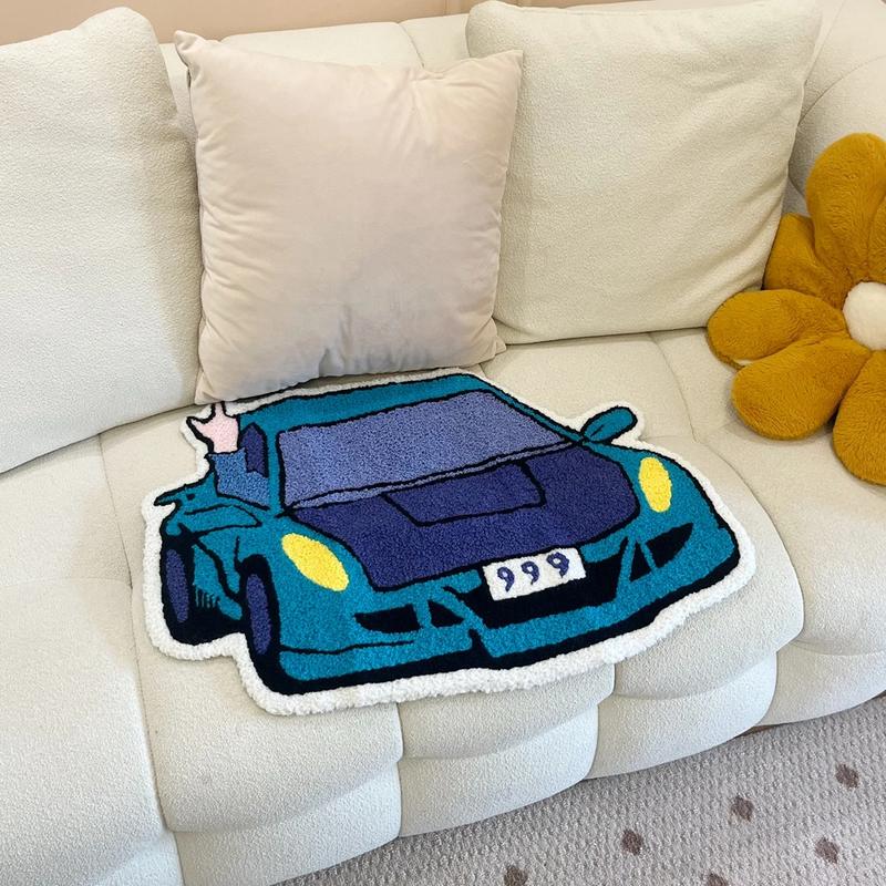 High-Density Tufted Carpet with Tpr Anti-Slip Bottom, Cool Blue Car Design, Soft Skin-Friendly, Easy to Clean, Retro Home Decor