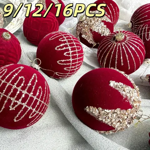 9pcs/12pcs/16pcs New Christmas Rhinestone Velvet Decorative Balls, Red Green Series, High-End Christmas Ornament Hanging Decorations