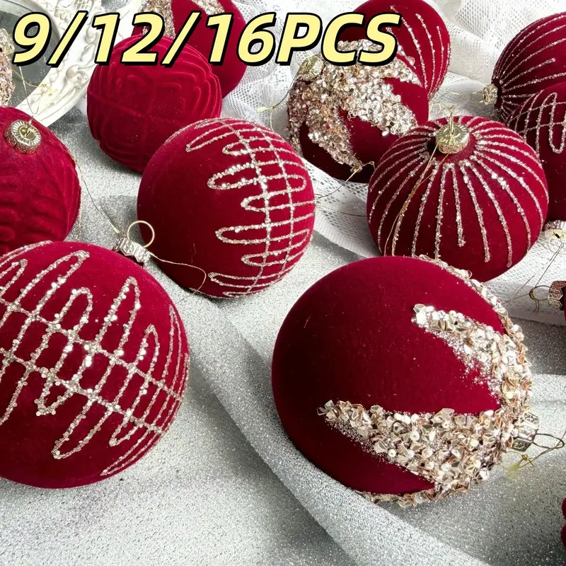 9pcs/12pcs/16pcs New Christmas Rhinestone Velvet Decorative Balls, Red Green Series, High-End Christmas Ornament Hanging Decorations