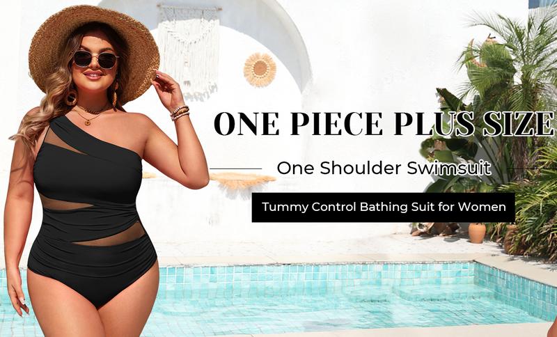 Aqua Eve Plus Size One Piece Swimsuit for Women Tummy Control Bathing Suits One Shoulder Swimwear