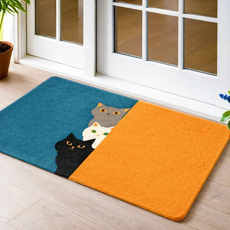 Flannel Floor Mat 1PC, 2PC, 3PC Cute Cat Pattern Floor Mat, Durable, Stain-Resistant, Machine Washable Doormat, Suitable for Living Room, Bedroom, Office, Indoor Bathroom, Balcony, Corridor, Porch, Kitchen, Outdoor, Entryway, Dog Mat, Bedside Rug, Front D