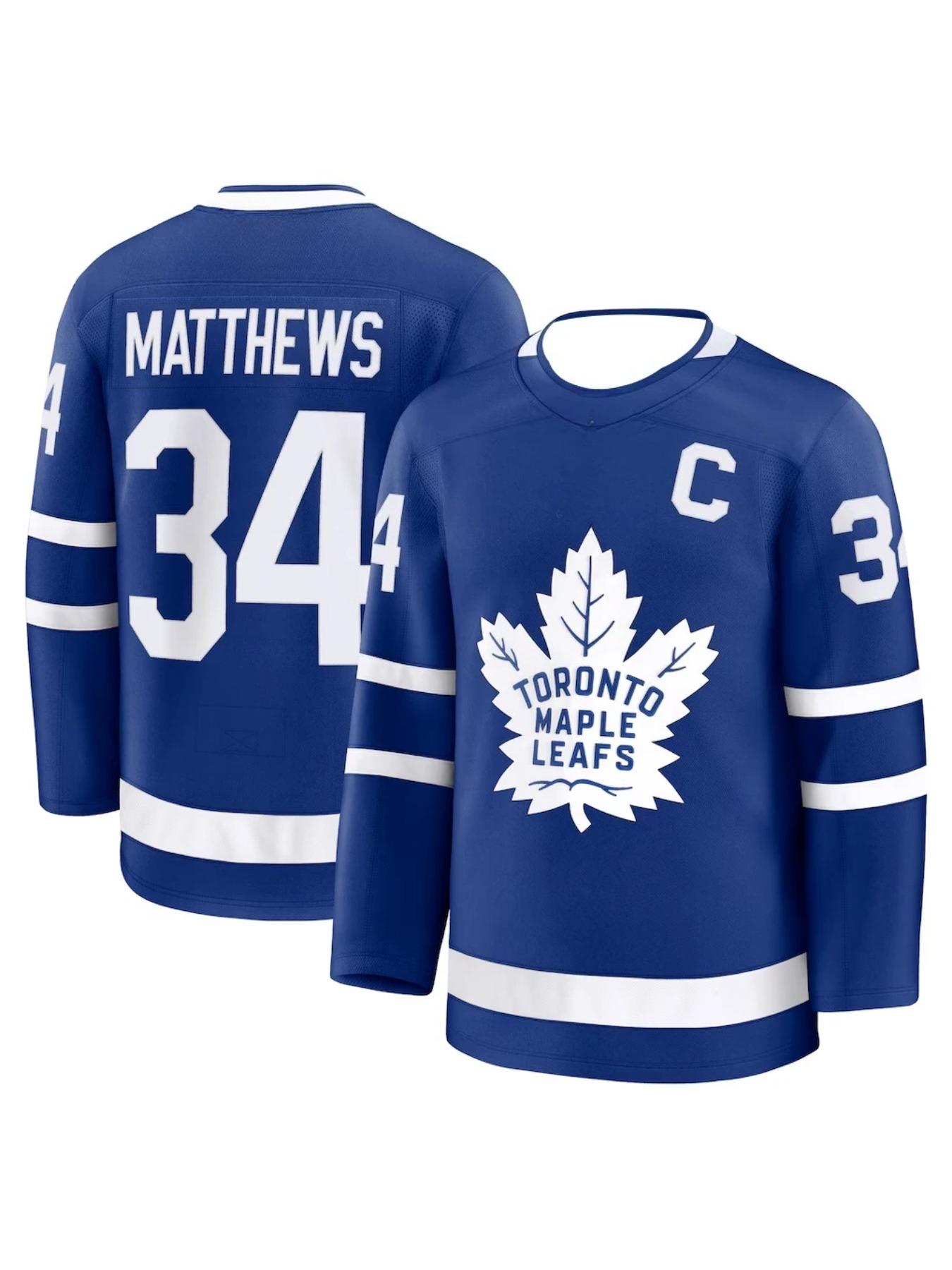 Hockey Jersey - Blue with White Accents "Matthews 34" Captain "C" Classic Maple Leaf Logo Athletic Jersey2026 New Racing-Style Long Sleeve T-Shirt|extreme Men's and Women's T-shirt Breathable Quick Drying Summer Casual Sports Fashion Top