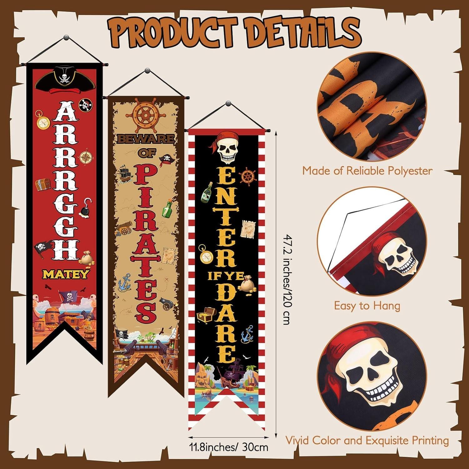 3 Pcs Pirate Banners, Beware of Pirate Porch Sign, Treasure Hunt Hanging Flags, Halloween Party Decorations, Birthday Photo Props
