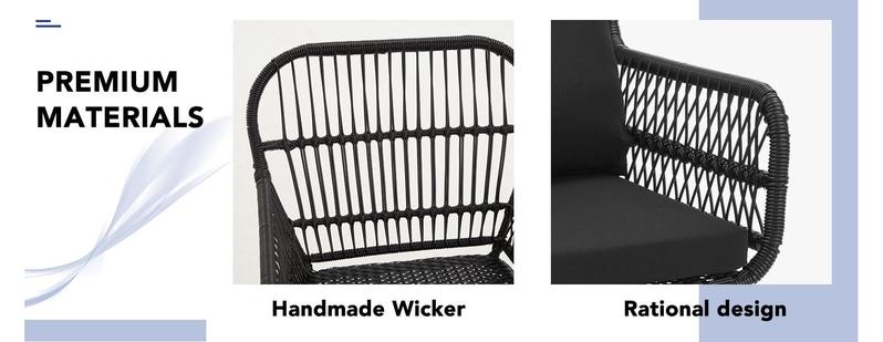 Patio Conversation Bistro Set, Outdoor All-Weather Wicker balcony Furniture with Tempered Glass Top Table Wide Ergonomic Armchairs, Seat Cushions for Porch, Backyard