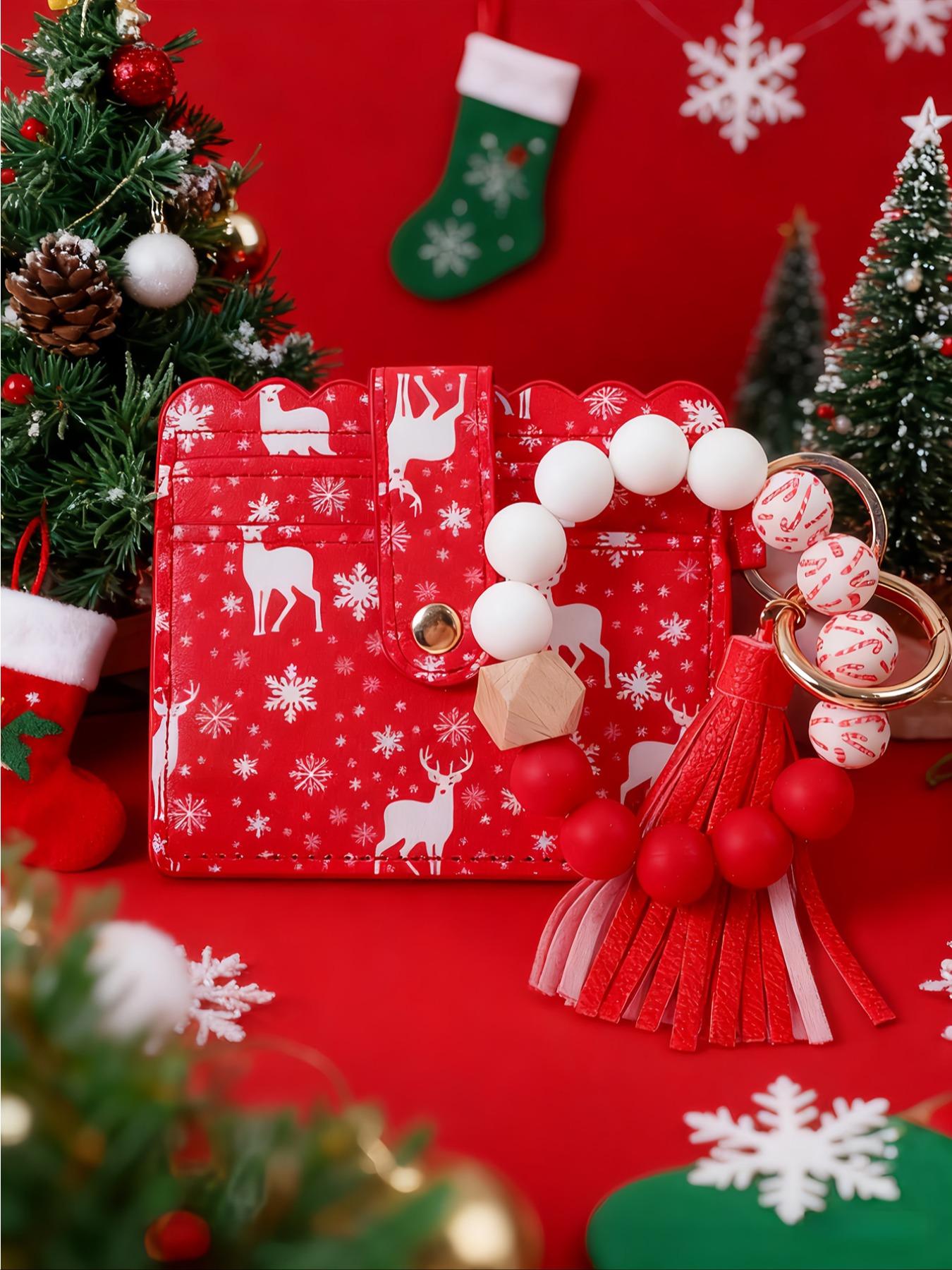 Christmas Theme Card Holder Keychain, Santa Claus Snowman Reindeer Design, Button Closure, Easy Storage, Gift for Friends and Family, Keychain Kawaii