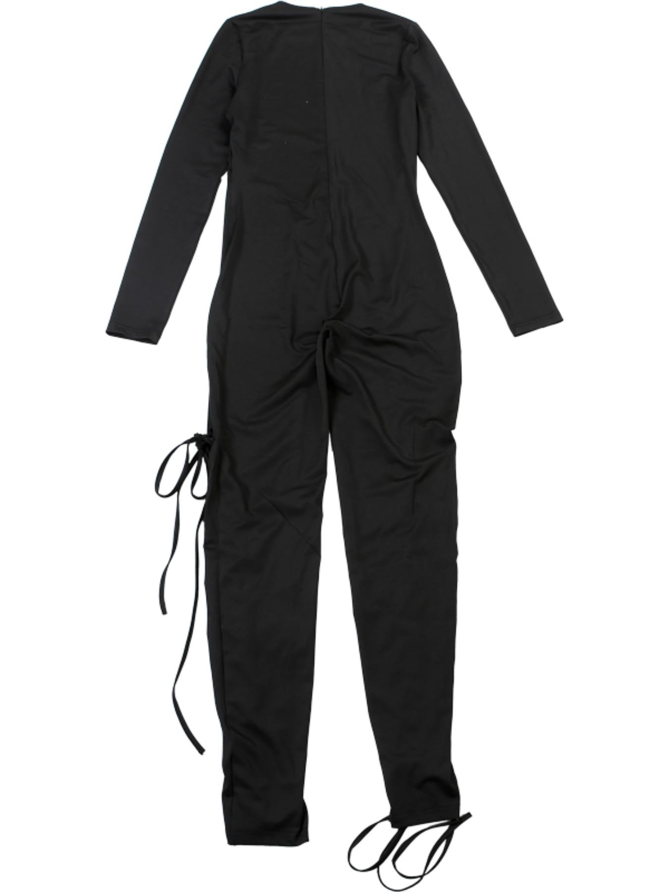 Women's New Fashion Sexy Hollow Out Tie Waist Bodycon Long Romper Jumpsuit, Tight-Fitting Plain Fabric, Fall & Winter Style