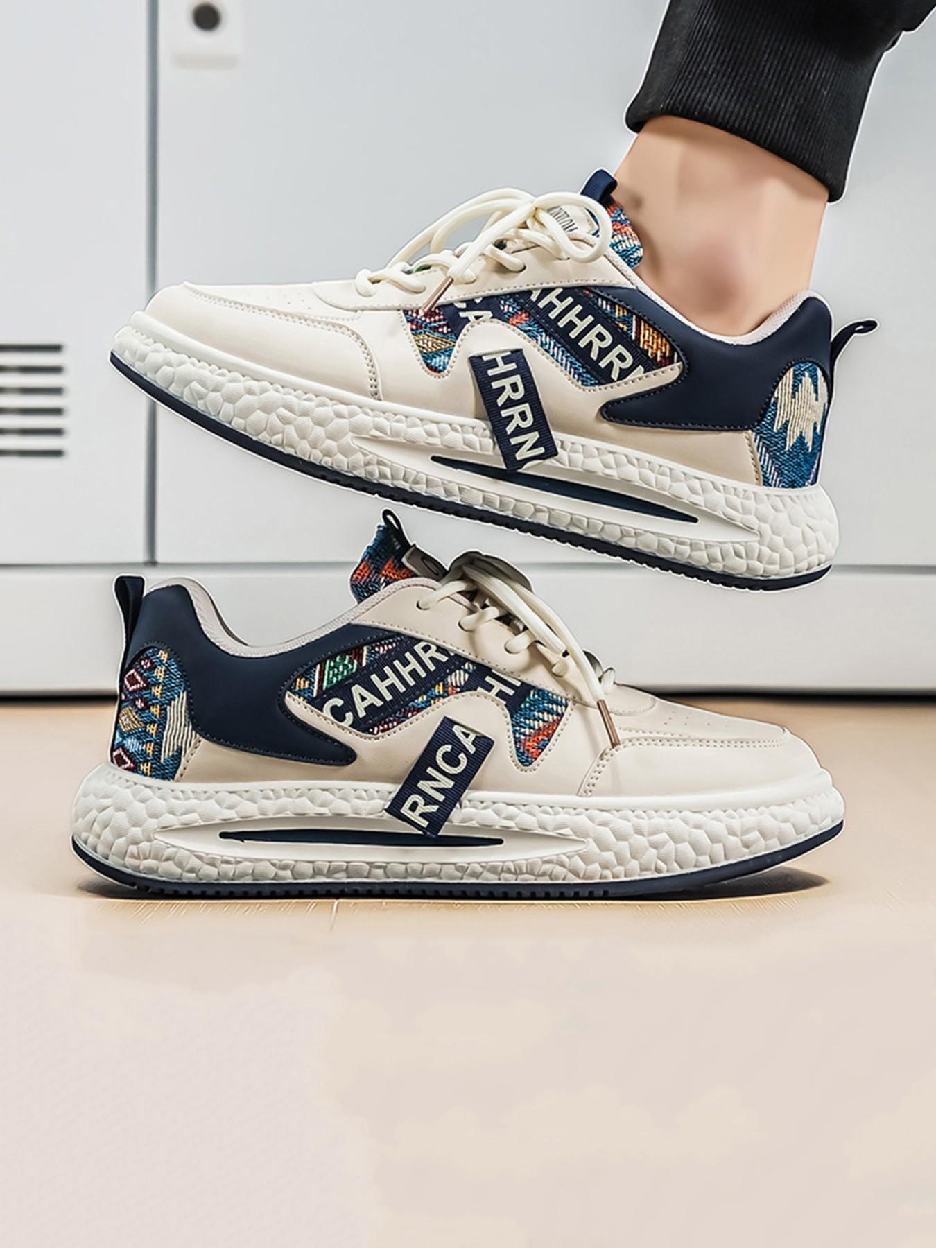 Men's Ethnic Style Letter Webbing Thick Sole Casual Sports Shoes, Soft Breathable Trendy Board Sneakers, Sizes 39-44, Spring Summer 2026