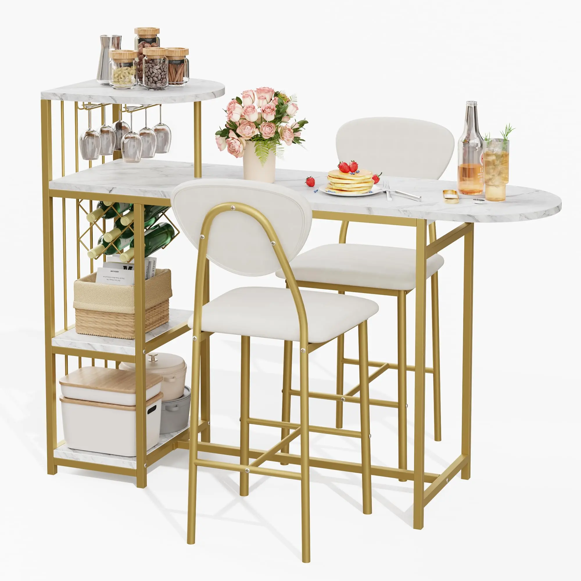 Expandable 3-Piece Bar Dining Table Set for 2 with Storage Shelves and Wine Rack – Space-Saving Modern Table and Soft Backrest Chairs – Ideal for Apartment, Kitchen, or Small Dining Area – Gold Tube & Marble White Finish