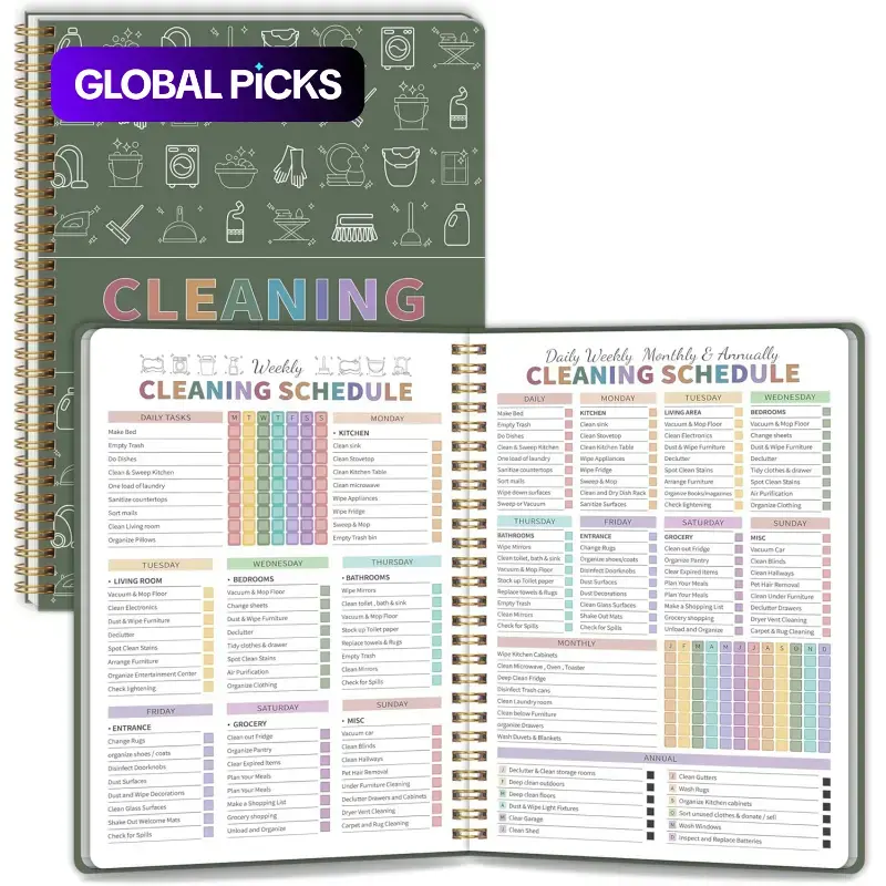 Adult Women's ADHD Cleaning Plan, Cleaning Schedule and Checklist Notebook, Daily, Weekly, Monthly Home Cleaning Checklist, Household Cleaning Planner, Green Spiral Bound Planner