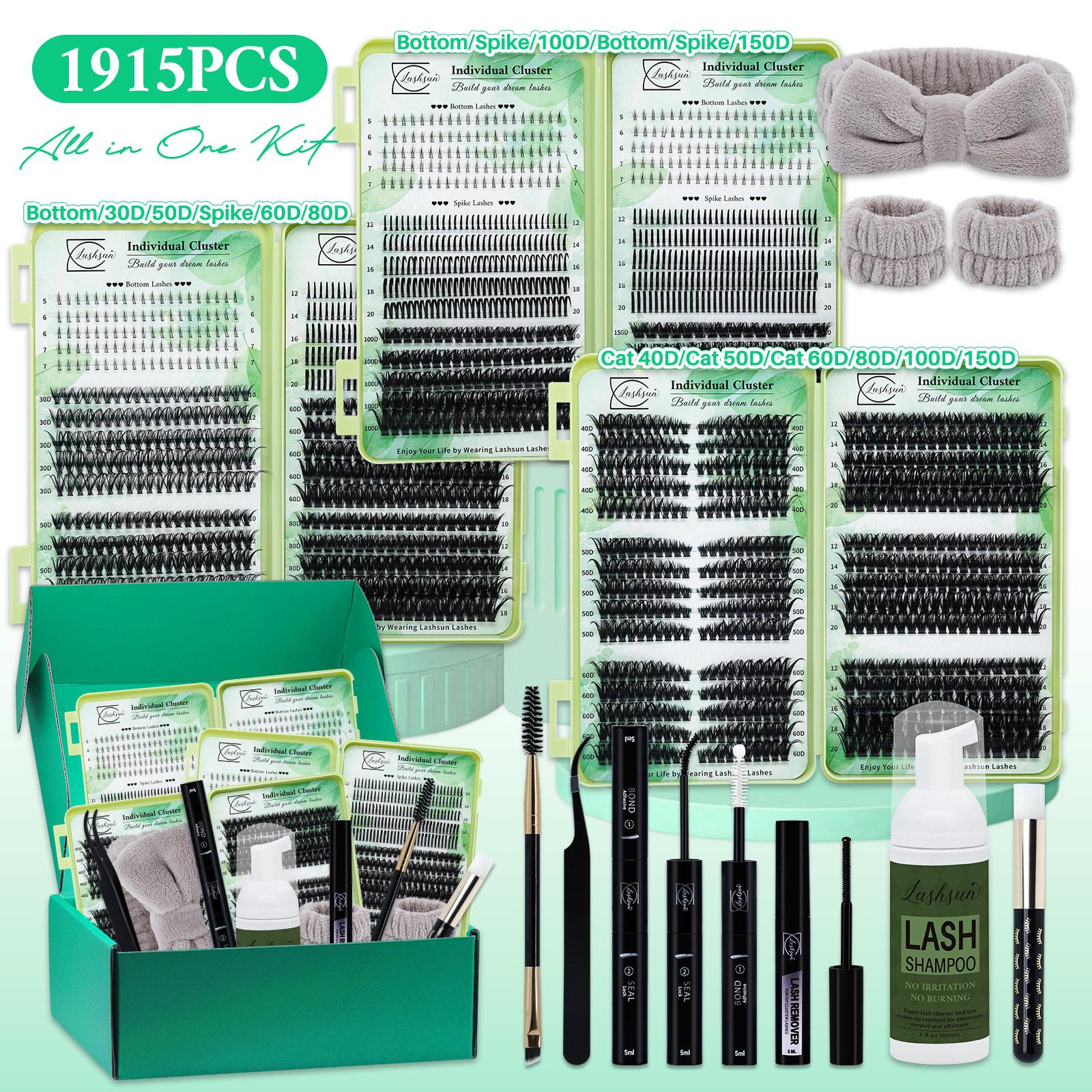 1915 PCS Lash Clusters Kit D Curl 11 Styles Cat/Volume/Spikes/Bottom Lashes Book Kit with Bond&Seal Lash Remover Brush Lash Applicator Headband Wristband set and Lash Shampoo&Brush Lash Extensions Kit for Beginners&Proficient