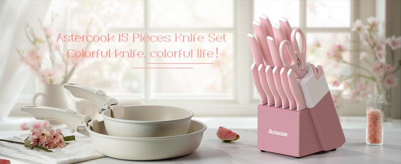 Astercook 14-Piece Knife Set with Ceramic Coated Stainless Steel, Includes Block & Sharpener, Dishwasher Safe, Durable, Premium Quality - Chopping