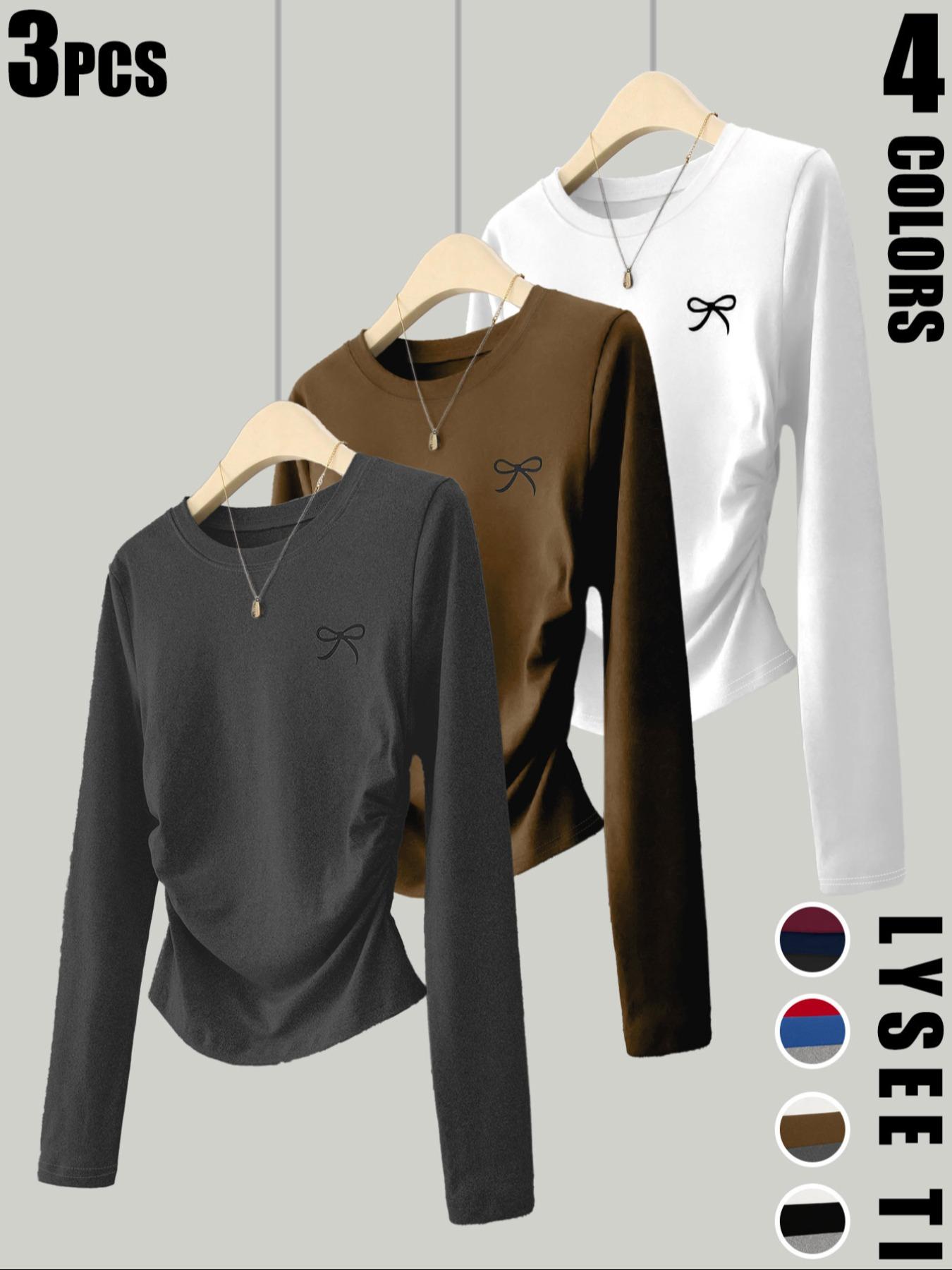 3pcs women's casual and fashionable Aesthetic slim fit small bow print details simple solid color pleated pullover shirt women's round neck long sleeved three piece T-shirt