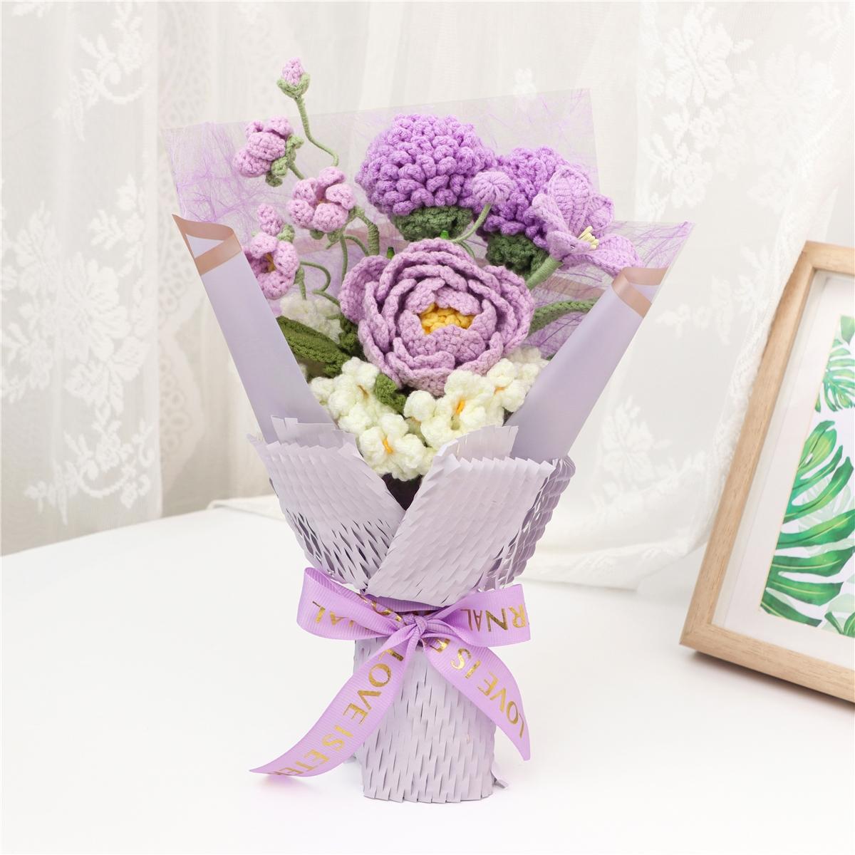 Handmade Knitted Flower Bouquet, Artificial Peony Fake Flowers, Mother's Day Valentine's Christmas Birthday Gift, Wedding Decoration, Artificial Mixed Flower