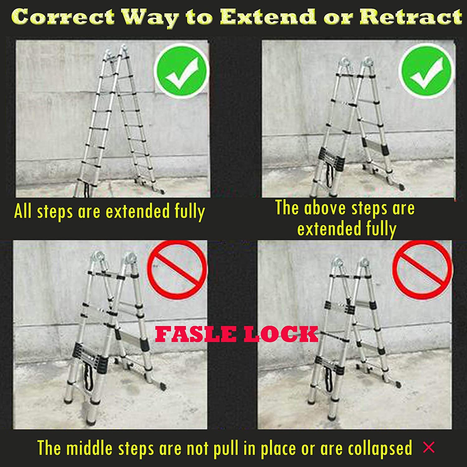 Telescoping Ladder Aluminum A-frame Extension Ladder, Folding Ladder with Stabilizer Bar and Anti-Slip Feet, 330lbs Max Load Capacity, for Home, Office ( 6.2+6.2FT / 8.2+8.2FT )