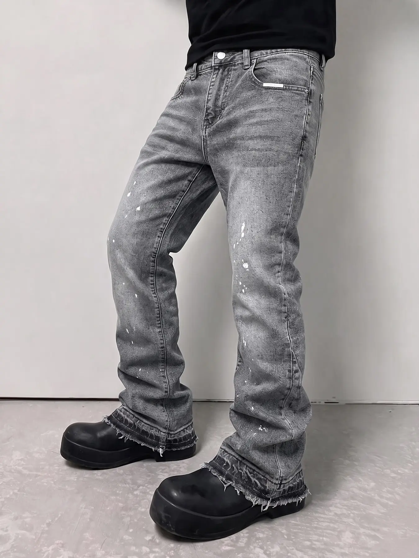 Men's Washed Ink Splatter Jeans, Micro Flare Pants, Ripped Patchwork Bell Bottoms, Y2K Stacked Denim, All-Season Wearable