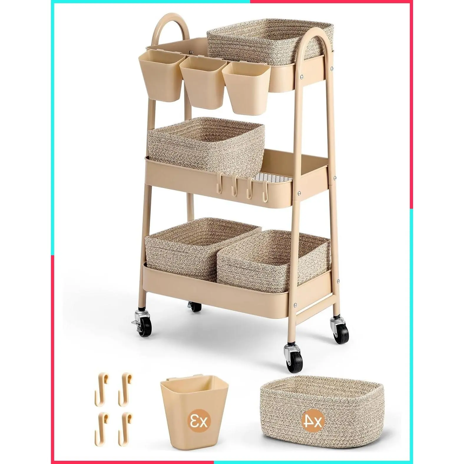 3-Tier Rolling Utility Cart with 4 Woven Baskets, Metal Frame Storage Trolley on Lockable Wheels for Nursery, Kitchen, Craft Room, Home Spa, Living Room, Brown