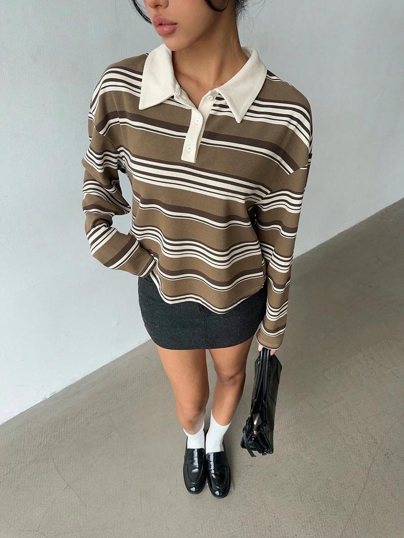 Striped Lapel Long Sleeve Top, American Casual Style, Loose Fit + Lapel Design, Perfect for Daily Commute Wear