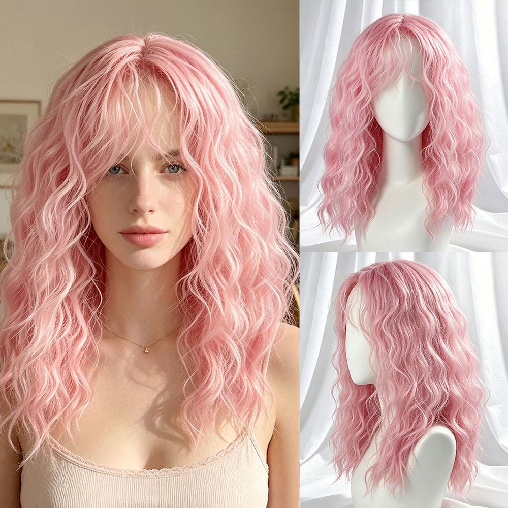 Medium-Length Wavy Women's Wig with Bangs, Loose Wave Wigs, Synthetic Fiber Rose Net Comfortable Breathable Wig, Ideal for Halloween, Holidays, Daily Use