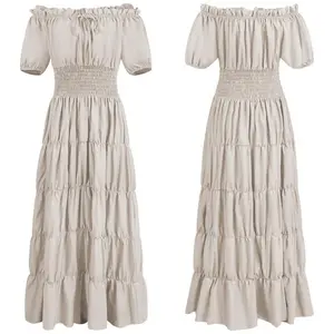 Renaissance Costume Women Medieval Irish Under Dress Retro Gown Wench Peasant Smocked Waist Long Dresses Halloween Costumes Girls Party Outfit Gothic Dress 6531-D1 Shortsleeve Minimalist,summeroutfits,vacationoutfits,beachoutfits