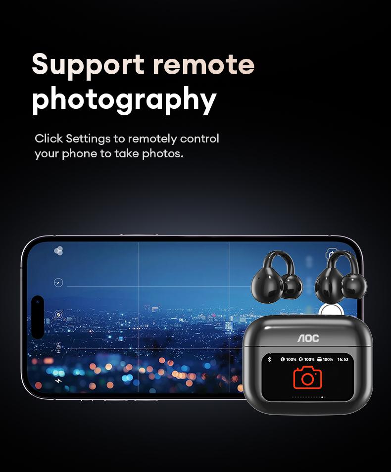 AOC ACD3521 Clip-On Ear Headphones with Real-Time Translation in 169 Languages with APP, Audio-Visual Future Touch Screen, BT6.0 Wireless Headphones for Music & Phone Calls, Sport Waterproof & Sweatproof