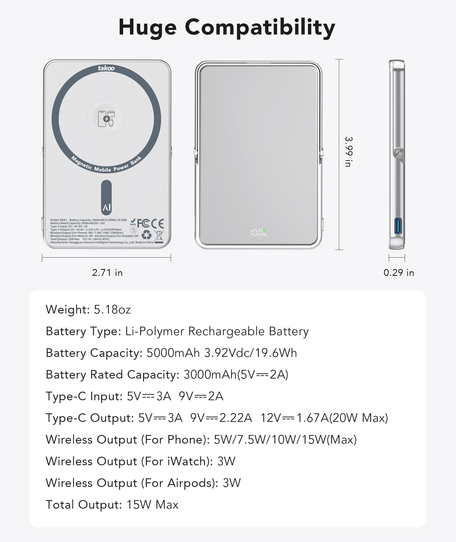TAKOO 3-in-1 Magnetic Phone Vlog Selfie Mirror Monitor, Power Bank, Ultra-Slim, 7.9mm, 5000mAh,  Rear Mirror, 120° Stepless Stand, Wireless, Fast Charging for iPhone 16/15/14/13/12 Series, iWatch, AirPods, Samsung, Moto, Type-C, Smartphone,Travel Pack